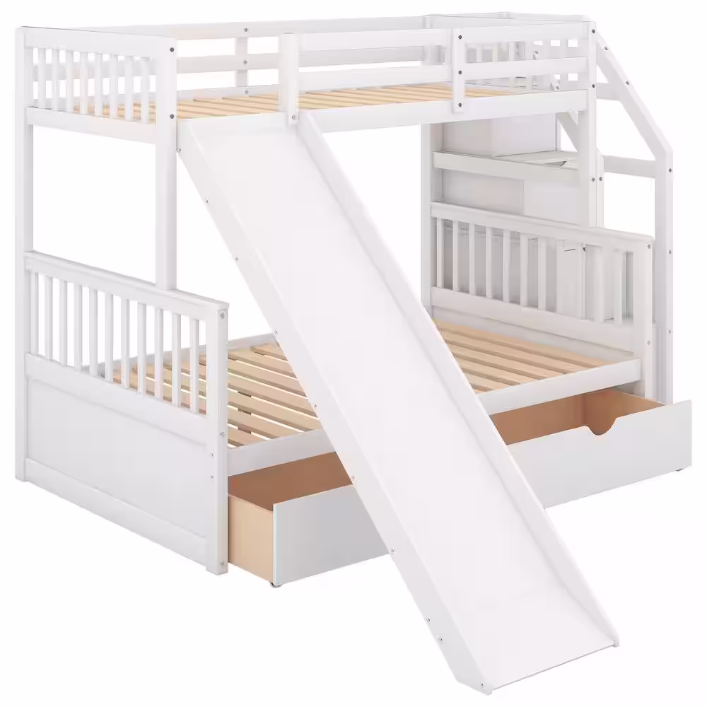 Harper & Bright Designs White Twin Over Full Bunk Bed with Drawers and Slide