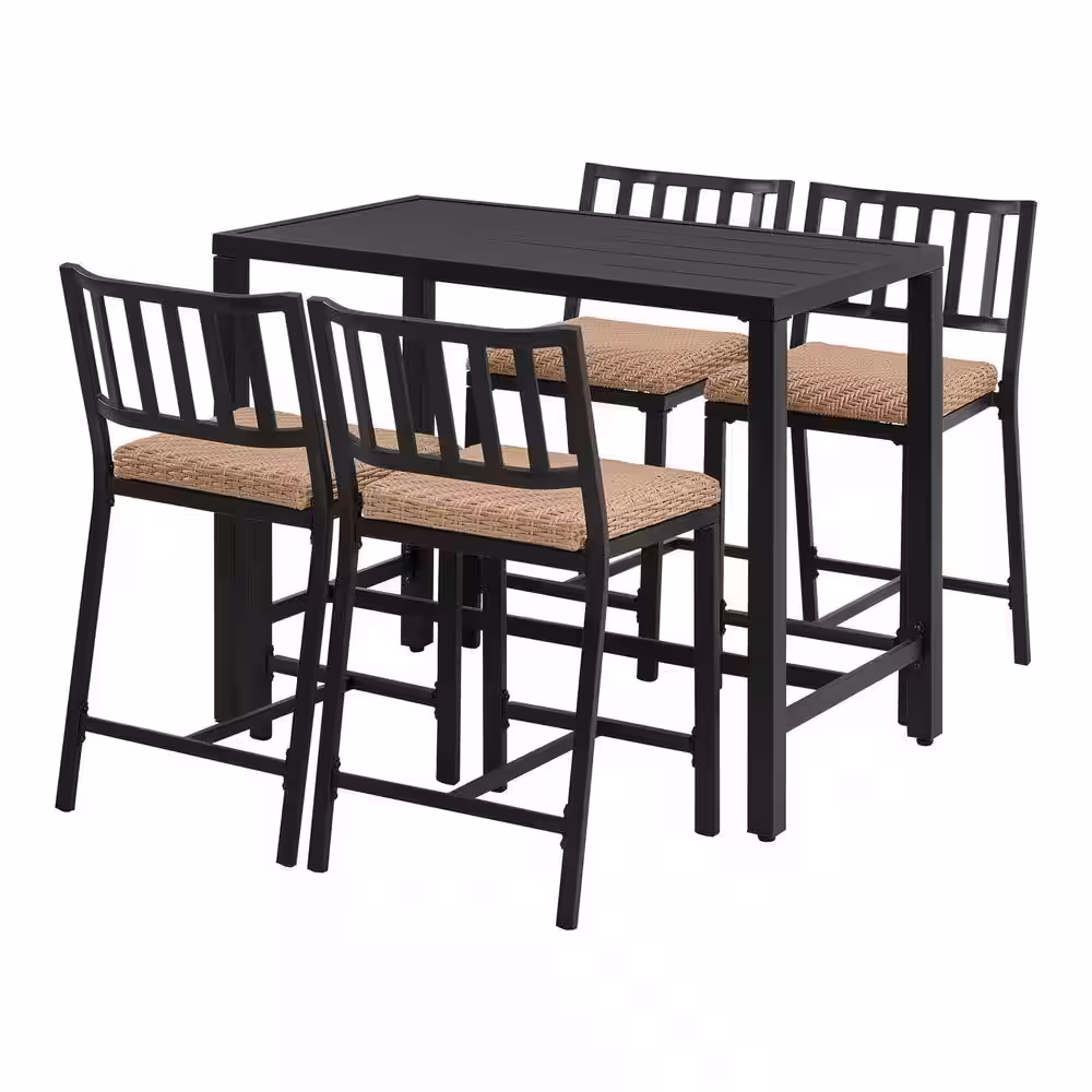 Hampton Bay Harbor Point Black 5-Piece Wicker Rectangle 27 in. Outdoor Dining Set