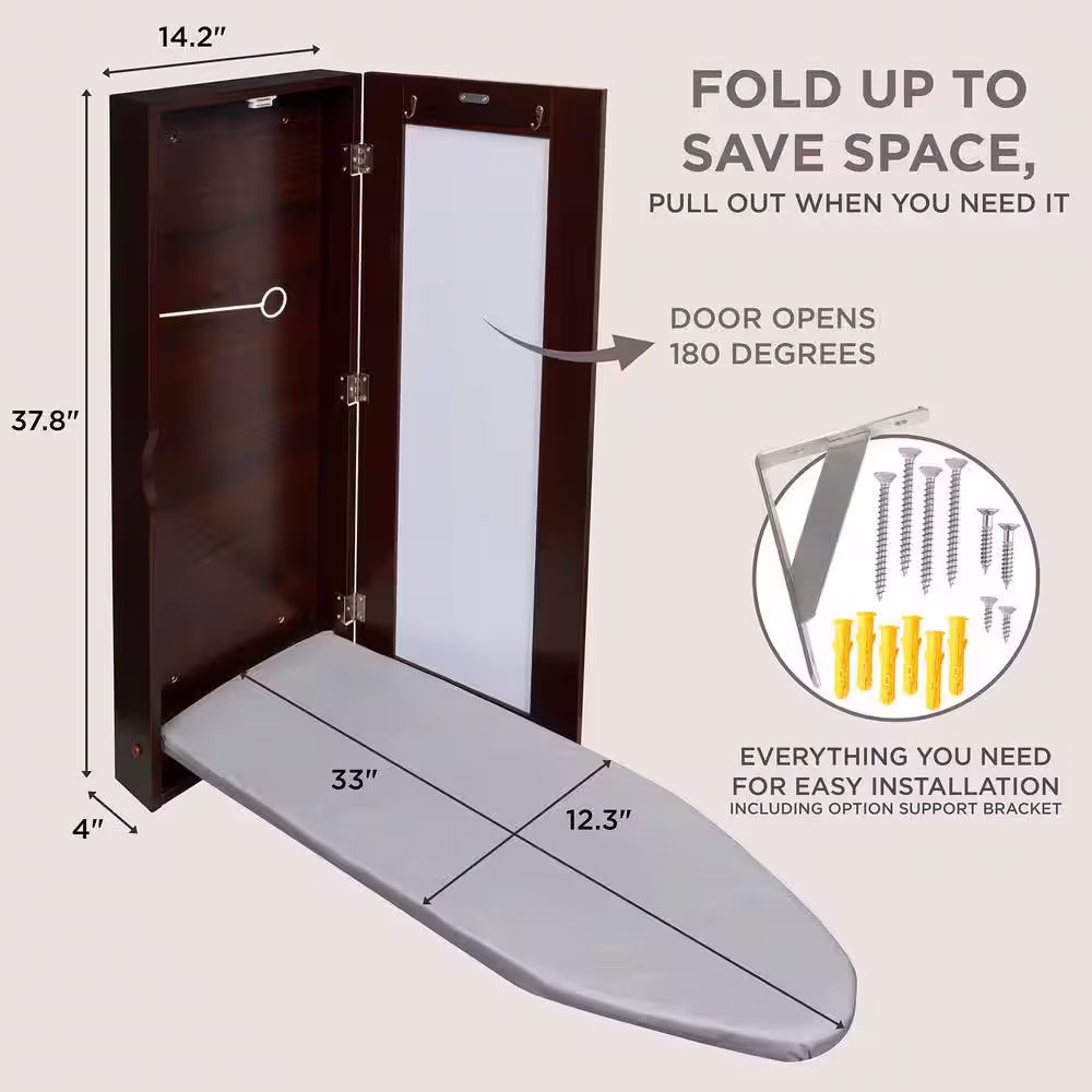 Ivation Ironing Board, Hanging Ironing Board and Ironing Board Cover with Mirror, Brown
