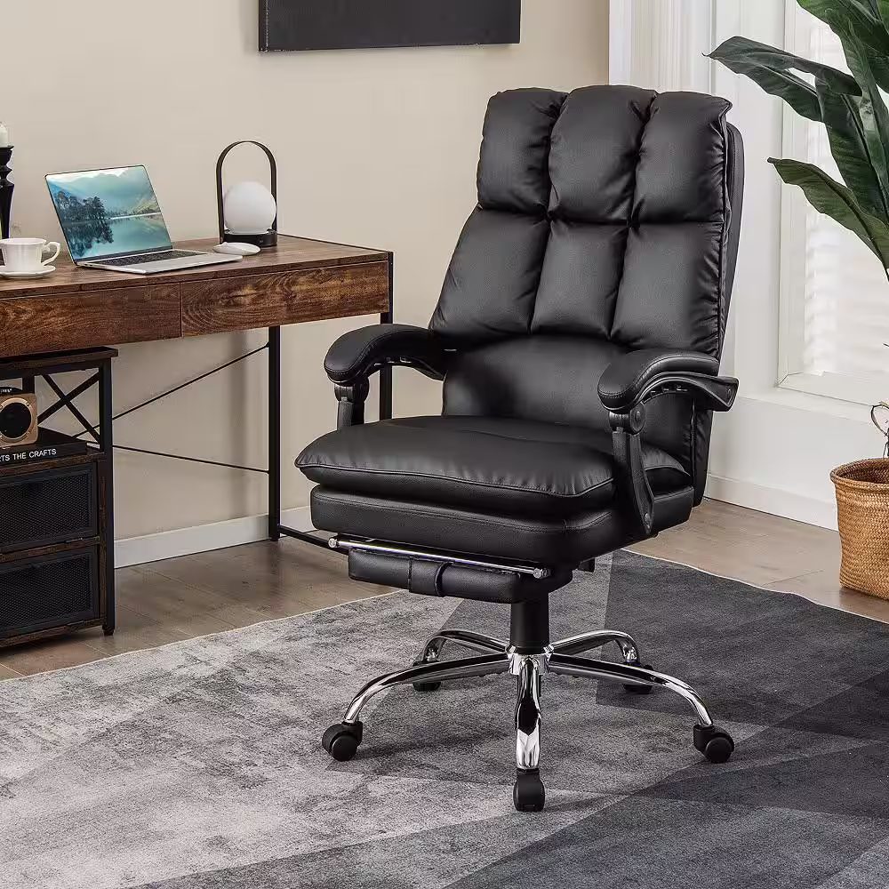 None Faux Leather High Back Reclining Office Chair Ergonomic Computer Desk Chair in Black with Footrest and Pad