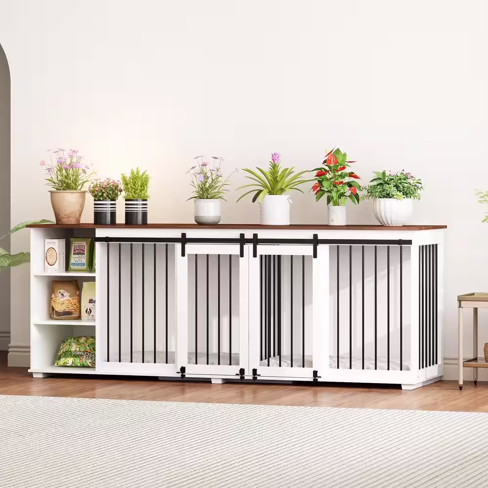 FUFU&GAGA Dog Crate Furniture with 2 Sliding Doors, Wood Dog Cage Crate End Table for Medium Large Dogs with Divider and Shelves