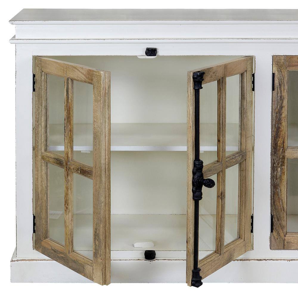 StyleCraft Tucker 4-Door White, Natural, Clear, Black Solid Mango, Tempered Glass, Metal Credenza