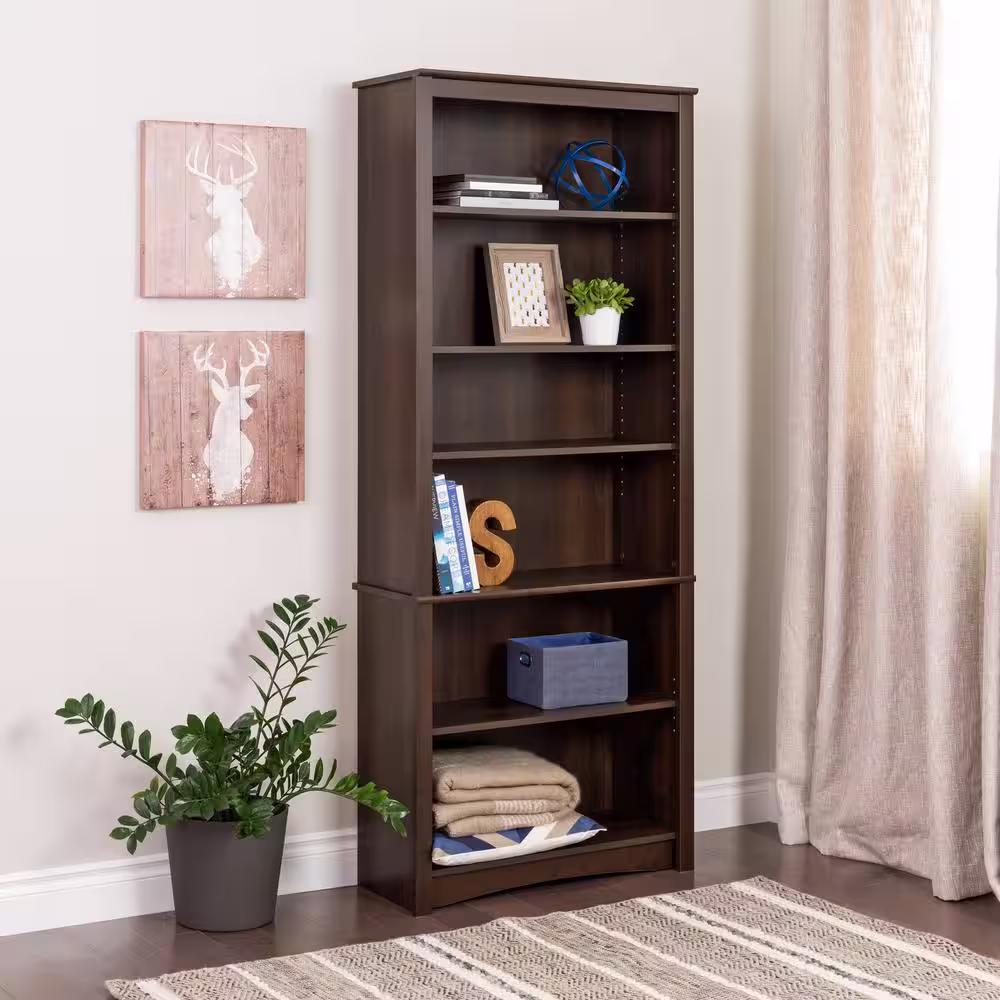 Prepac 77 in. Espresso Wood 6-shelf Standard Bookcase with Adjustable Shelves