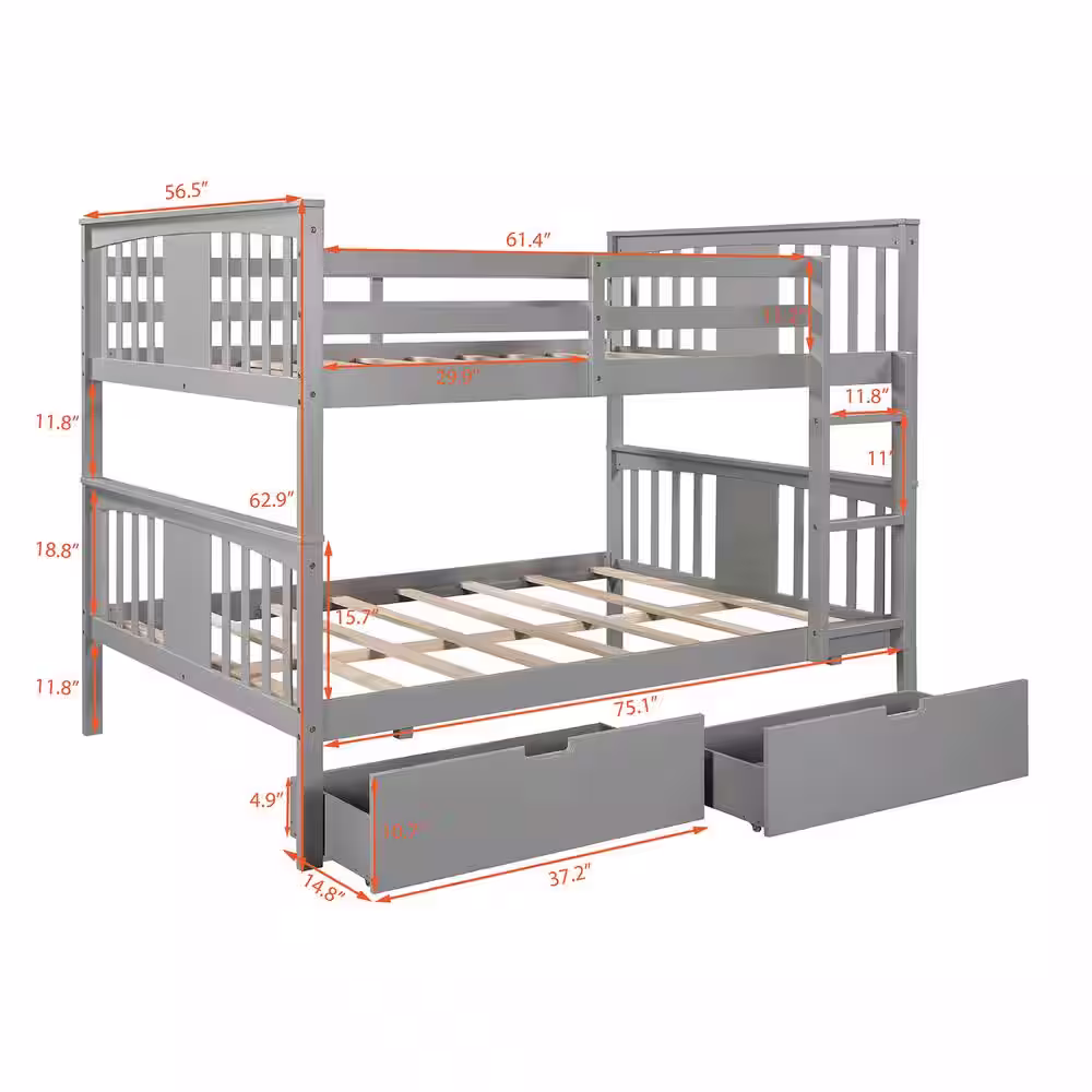 Qualler Gray Full Over Full Bunk Bed with Drawers and Ladder