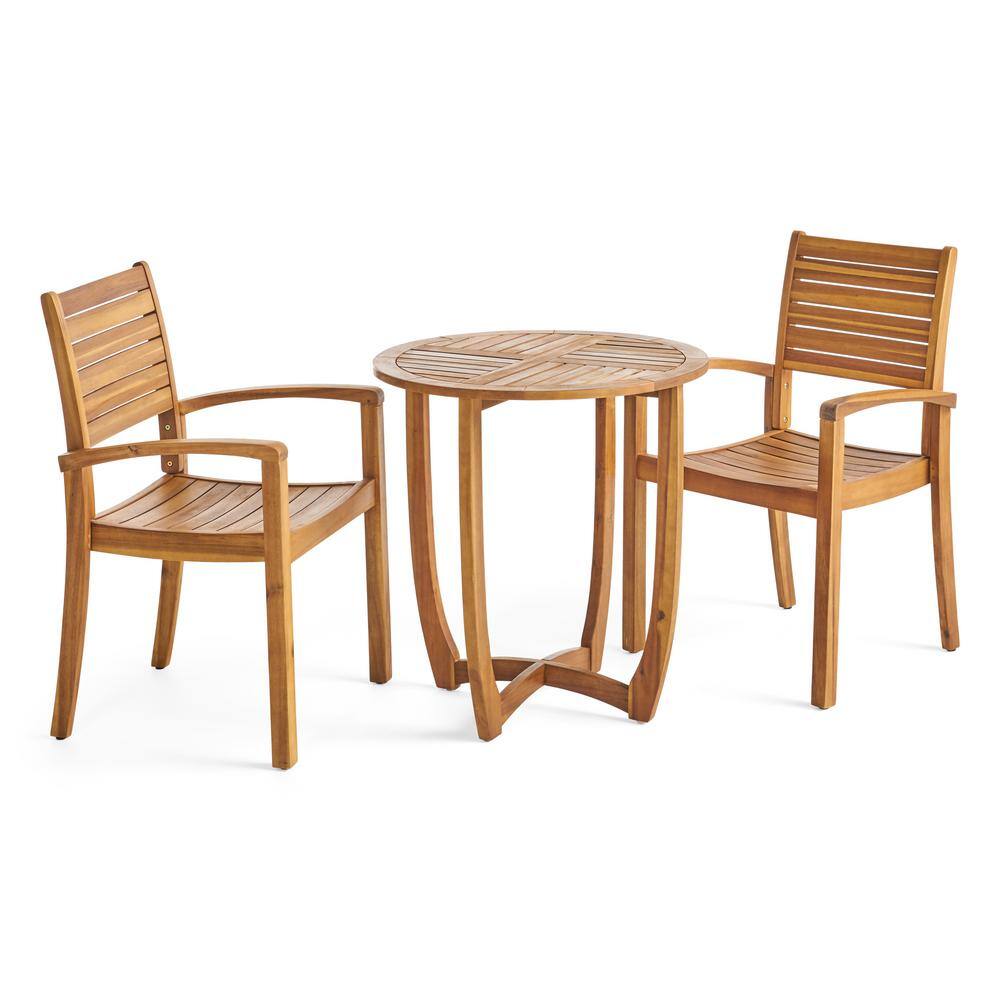 Noble House Waverly Teak Brown 3-Piece Wood Outdoor Bistro Set