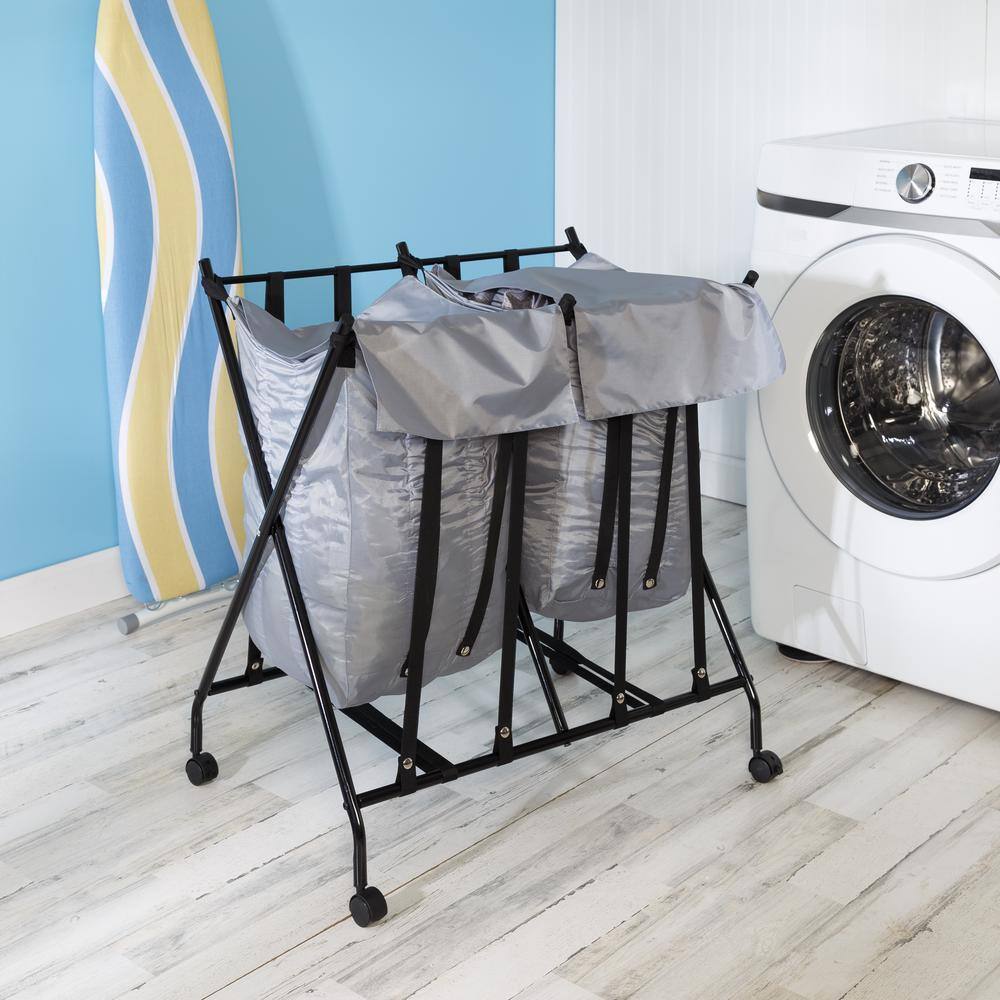 Honey-Can-Do Black/Gray Double Folding No Bend Laundry Hamper with Wheels