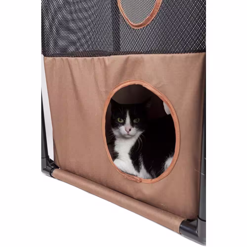 PET LIFE Khaki and Brown Kitty-Square Obstacle Soft Folding Sturdy Play-Active Travel Collapsible Travel Pet Cat House Furniture
