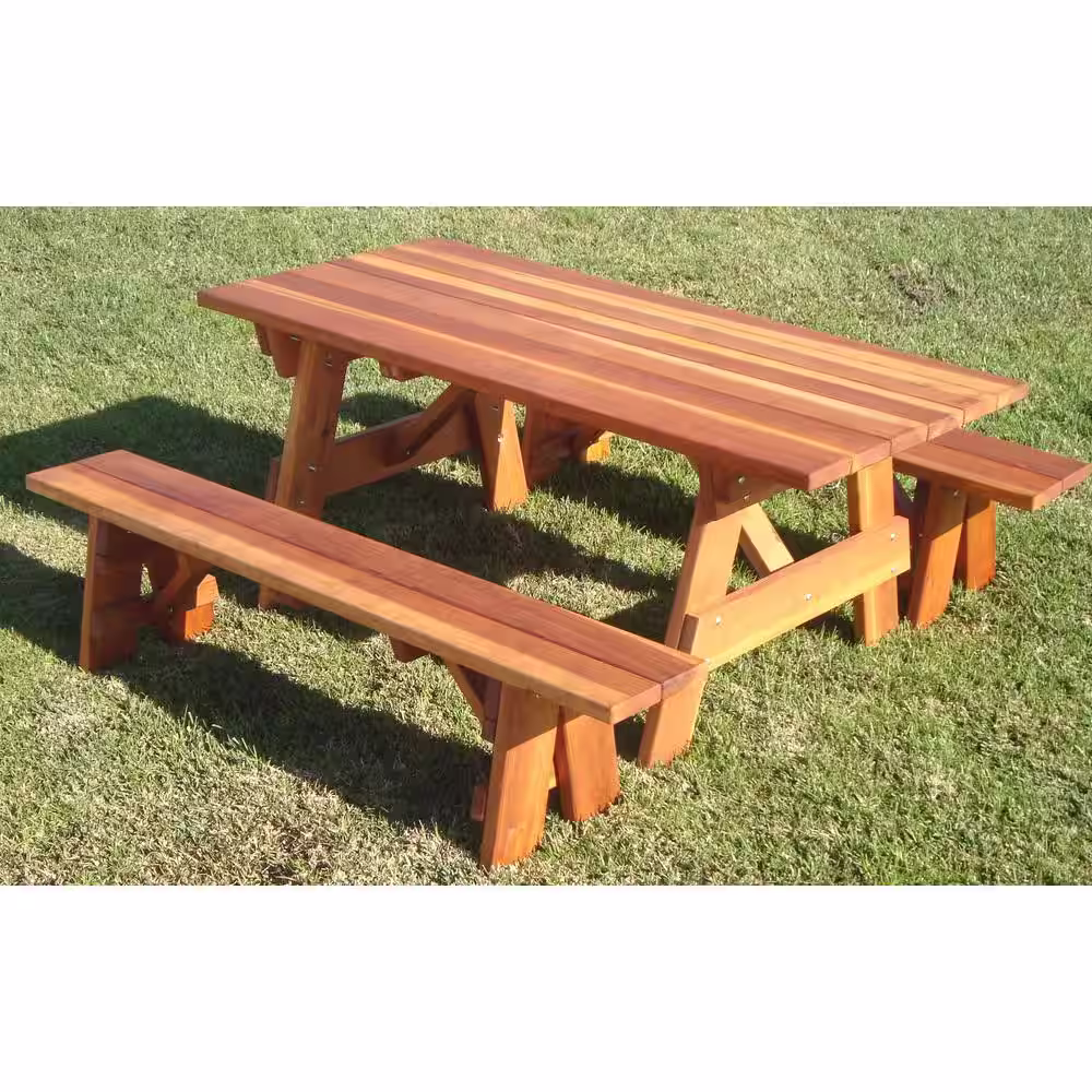 None 1905 Super Deck Finished 5 ft. Redwood Outdoor Picnic Table with Separate Benches