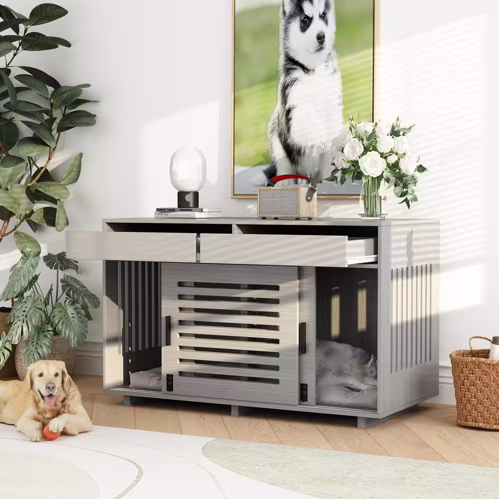 FUFU&GAGA Heavy-Duty Wooden Dog Kennel for Two Dogs, Dog Crate Furniture with Double Slide Doors, End Table Dog House Crates, Gray