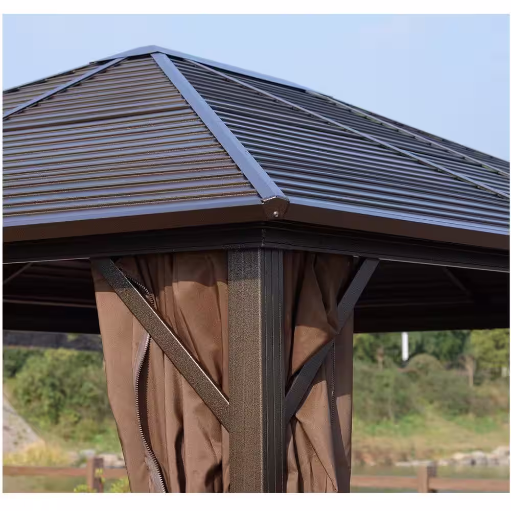 KOZYARD Caesar 10 ft. D x 9 ft. H x 12 ft. W Aluminum Hardtop Gazebo with Galvanized Steel Roof, Mosquito Net & Privacy Curtain