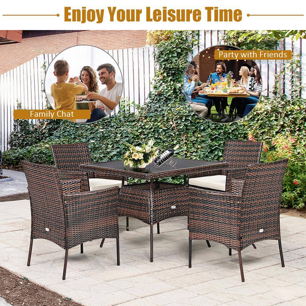 Costway 5-Piece Wicker Patio Rattan Dining Furniture Set Armrest Sofa Chair Glass Table