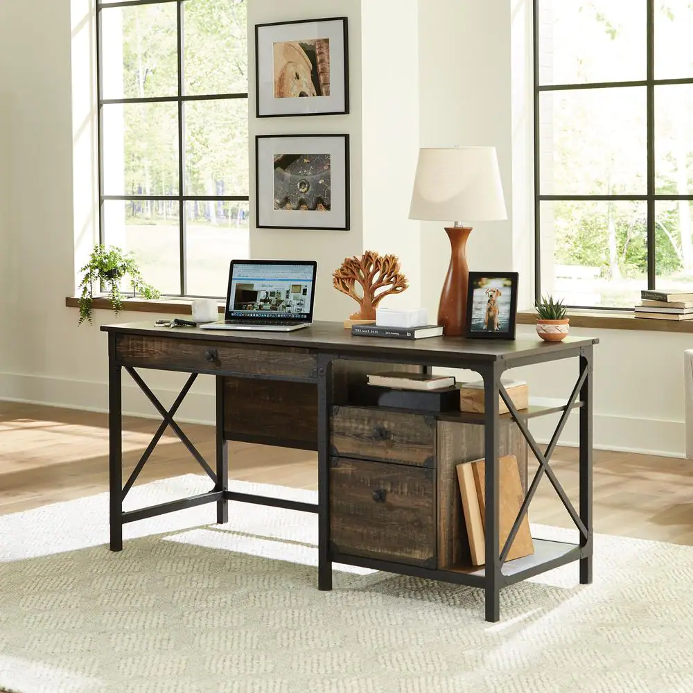 SAUDER Steel River 60.079 in. Carbon Oak Engineered Wood 3-Drawer Computer Desk with File Storage and Metal Frame