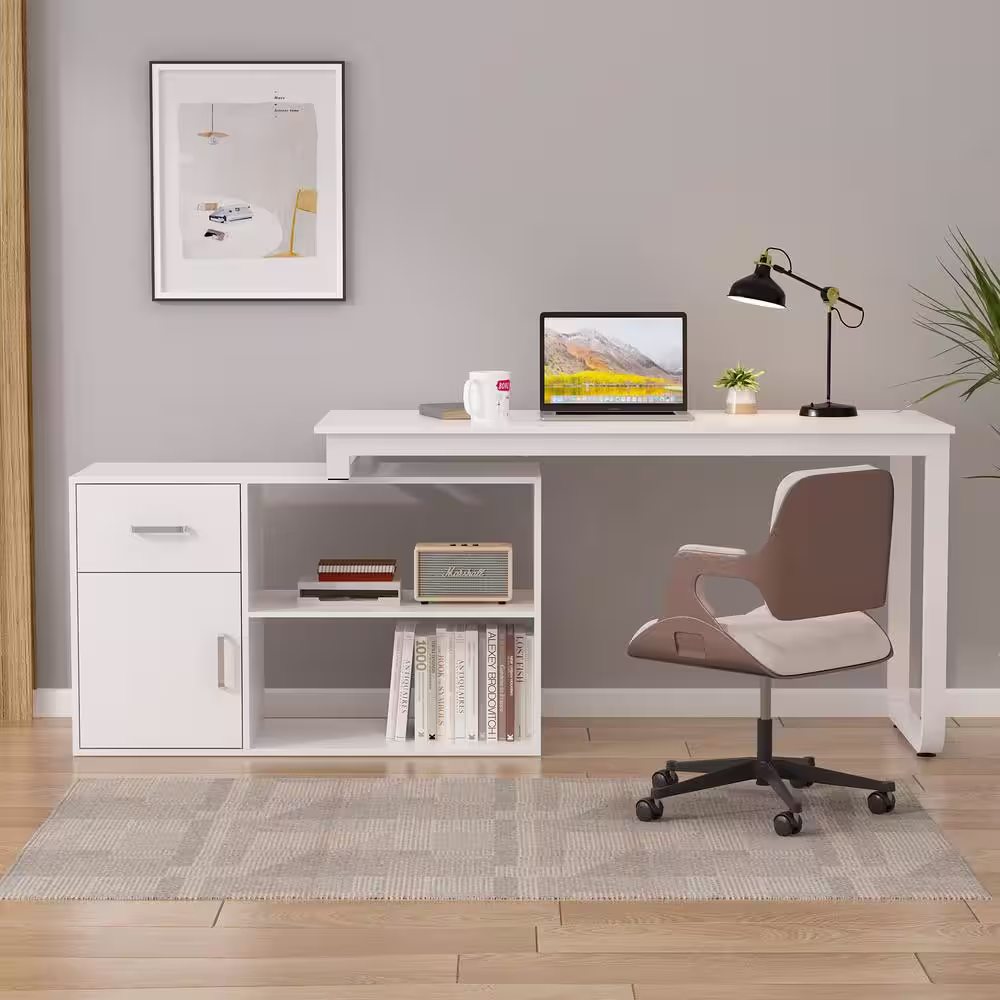 None L-Shaped White Wooden Commercial Writing Desk, with 1 Drawer, Open Shelves and Eco-Friendly Paint Finish, 55.1 in. W