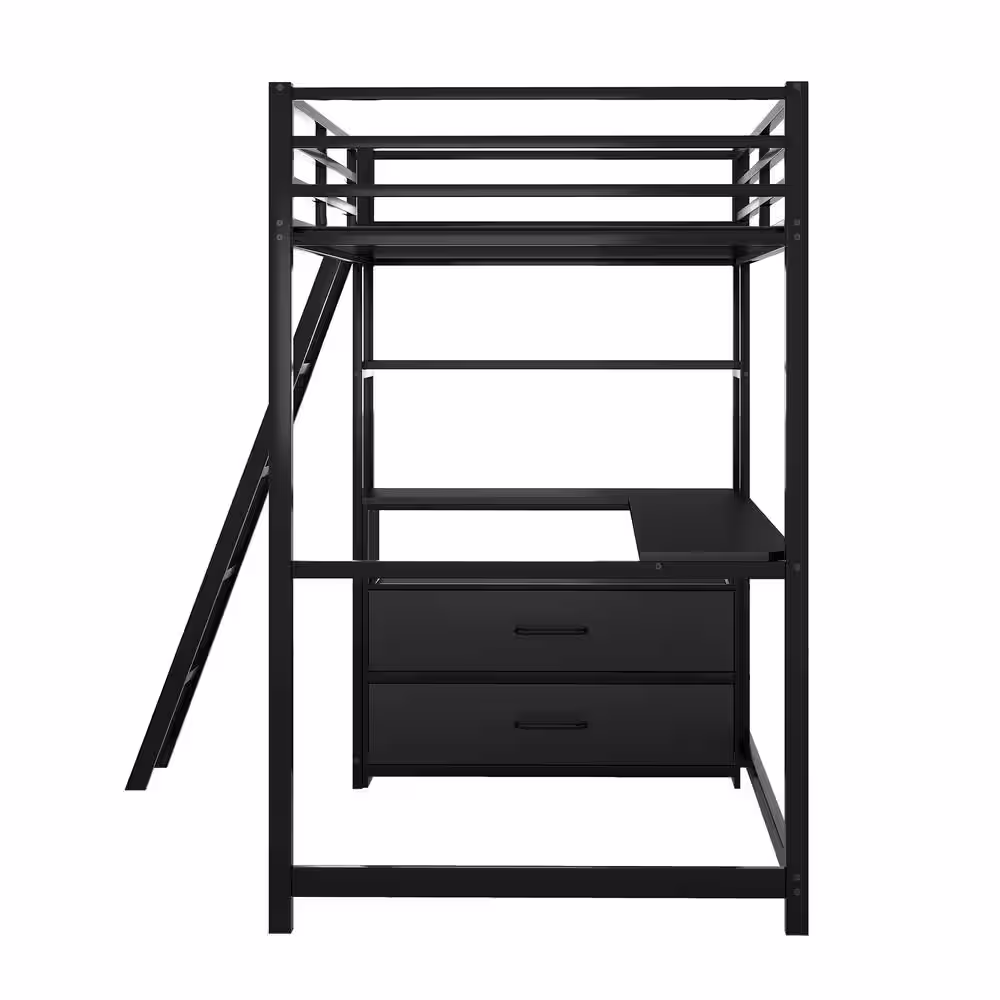 Harper & Bright Designs Black Metal Twin Size Loft Bed with Wood Desk and Shelves, 2 Built-in Drawers