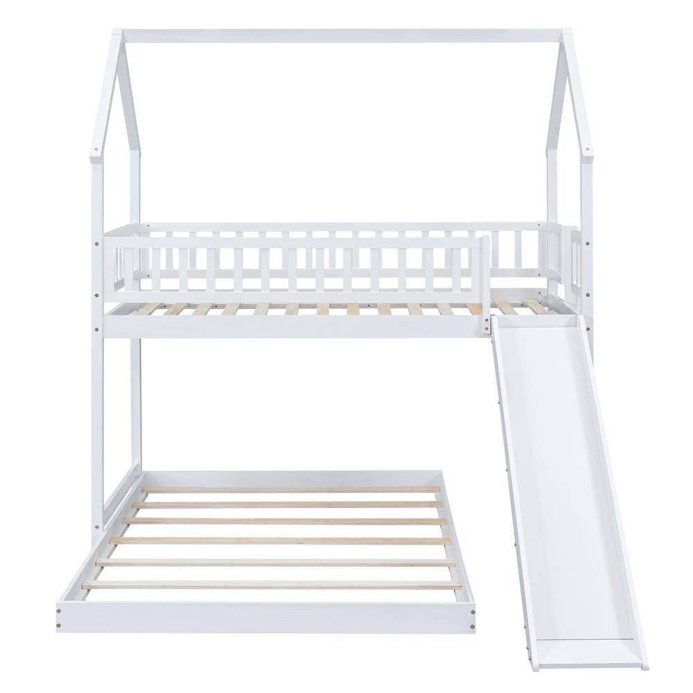 Harper & Bright Designs L-Shaped White Twin over Full Wood House Bunk Bed with Built-in Ladder and Slide