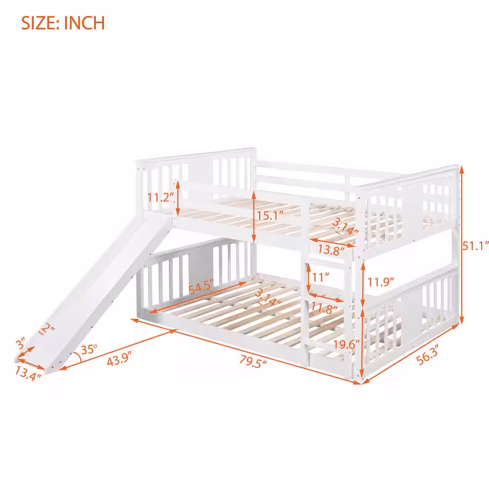 Harper & Bright Designs White Full Over Wooden Bunk Bed with Slide and Ladder