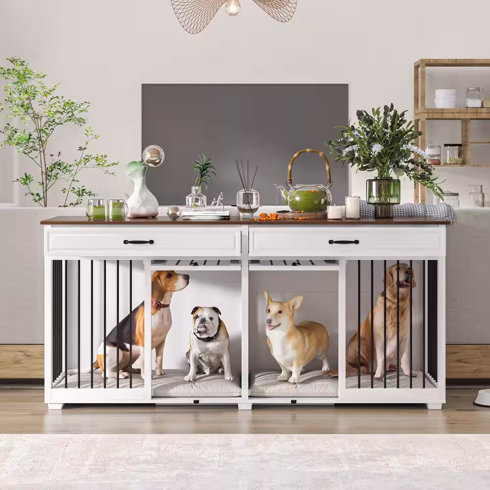 FUFU&GAGA Indoor Large Furniture Style Dog House Kennel with 2 Drawers, Large Dog Crate Cage Furniture for 2 Medium Dogs, White