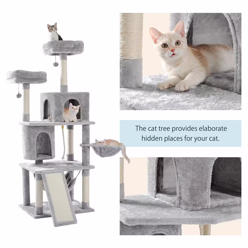 None Multi-Level Gray Pet Cats Scratching Posts and Trees with Ladder, Double Condos, Hammocks,Perches& Hanging Balls