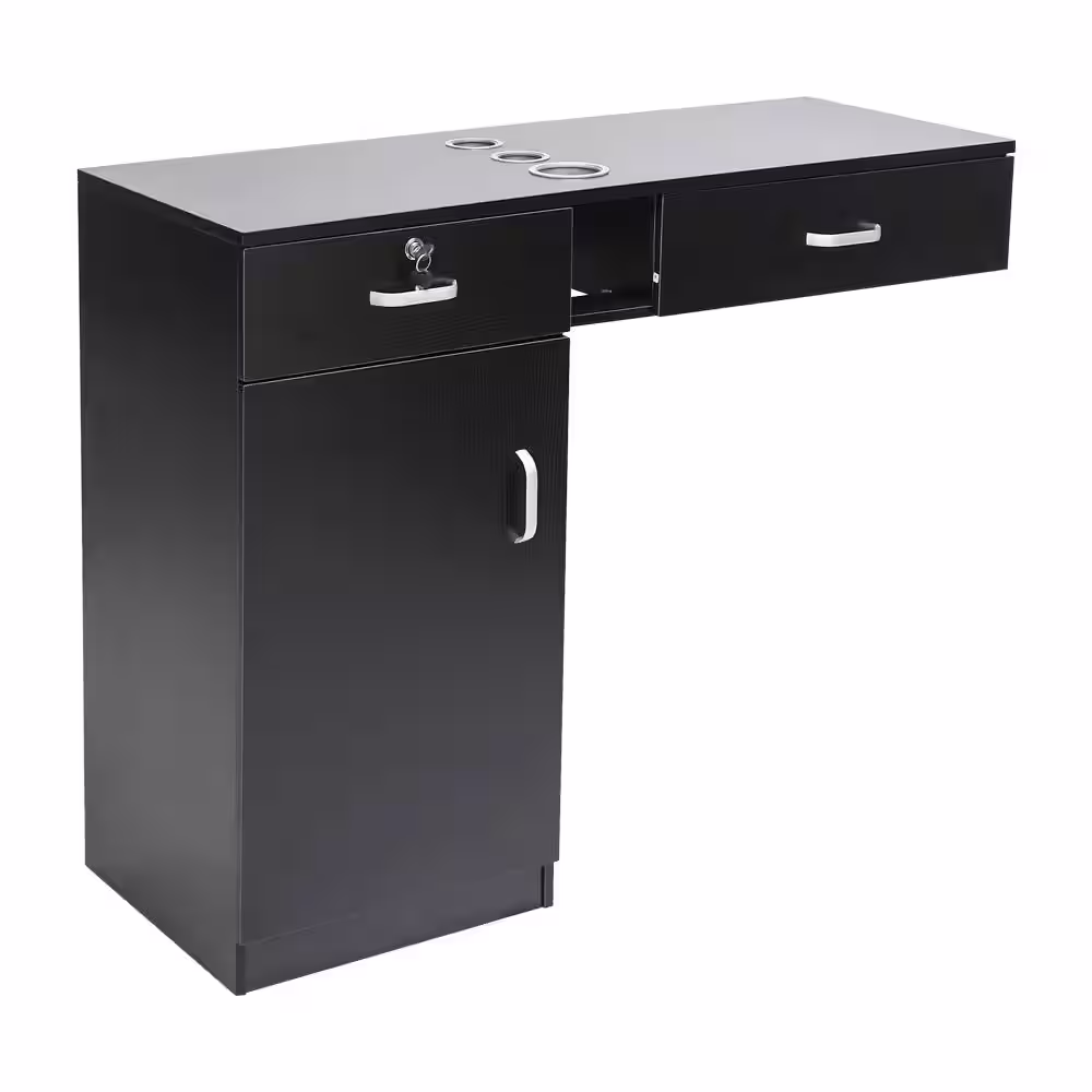 None Wall Mount Black Hair Styling Barber Station Table with 2-Drawers