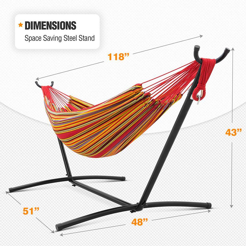 SKONYON 10 ft. Fabric Cotton Hammock Bed with Space Saving Steel Stand, Tropical (450 lbs. Capacity- Premium Carry Bag Included)