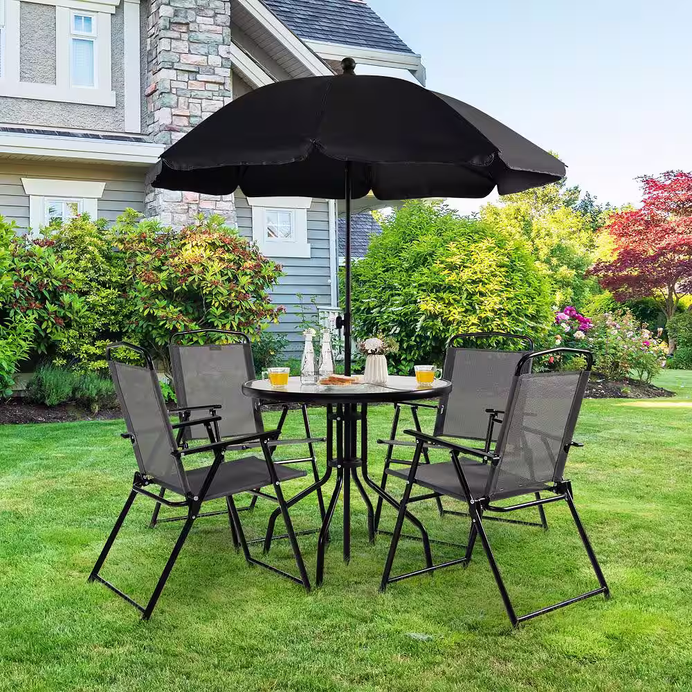 Costway 6 -Piece Metal Outdoor Dining Set Folding Chairs Glass Table Tilt Umbrella Garden