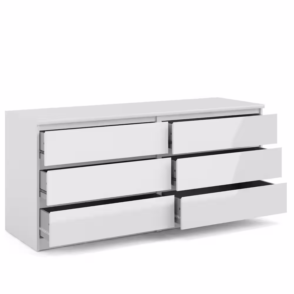 Tvilum Scottsdale 6-Drawer White High Gloss Double Dresser 27.60 in. H x 60.55 in. W x 19.69 in. D