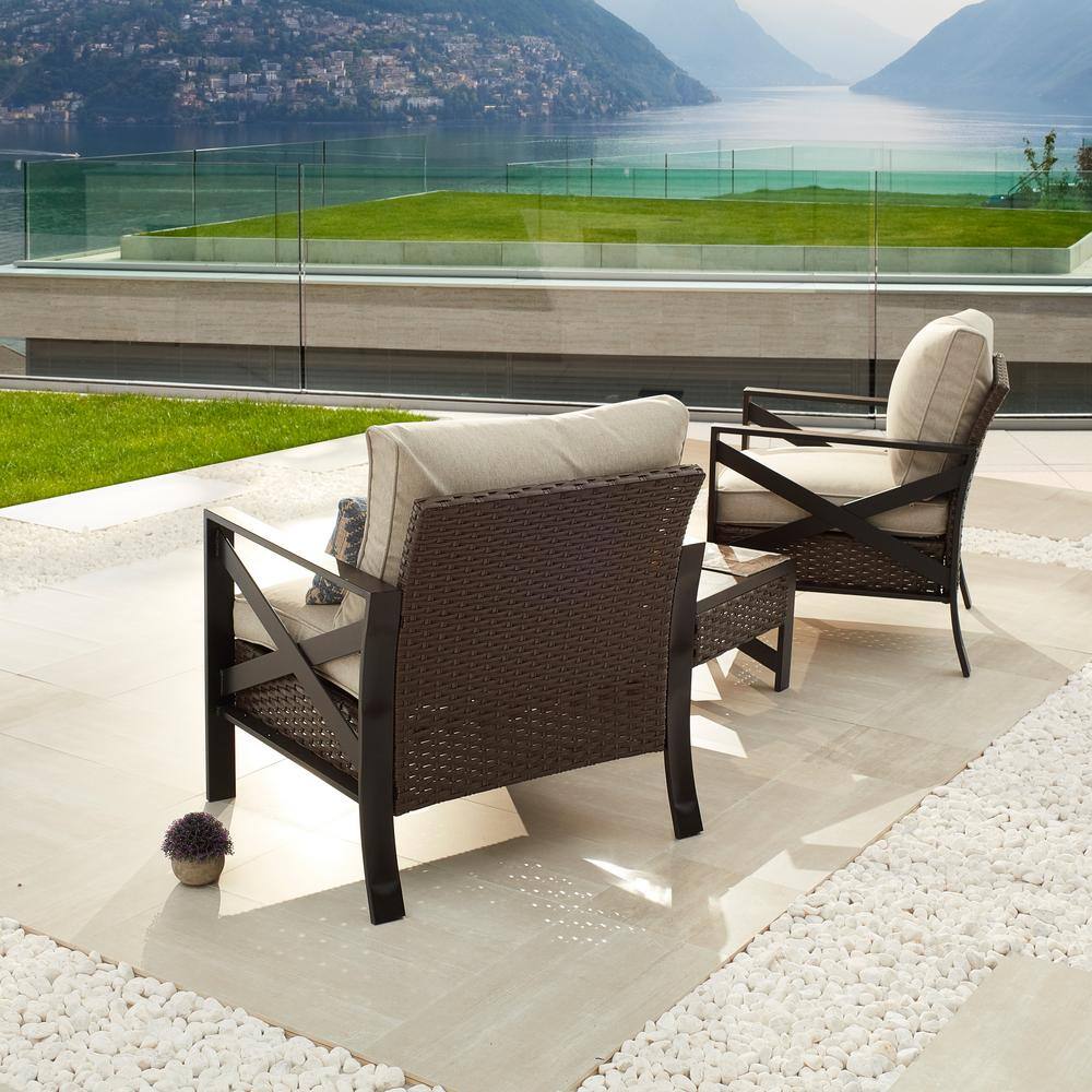 Patio Festival X-Arm 3-Piece Wicker Conversation Set with Beige Cushions