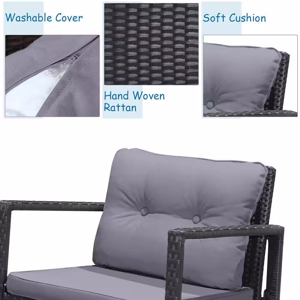 Costway 3-Piece Wicker Patio Furniture Set Rocking Chairs Gray Cushioned Sofa