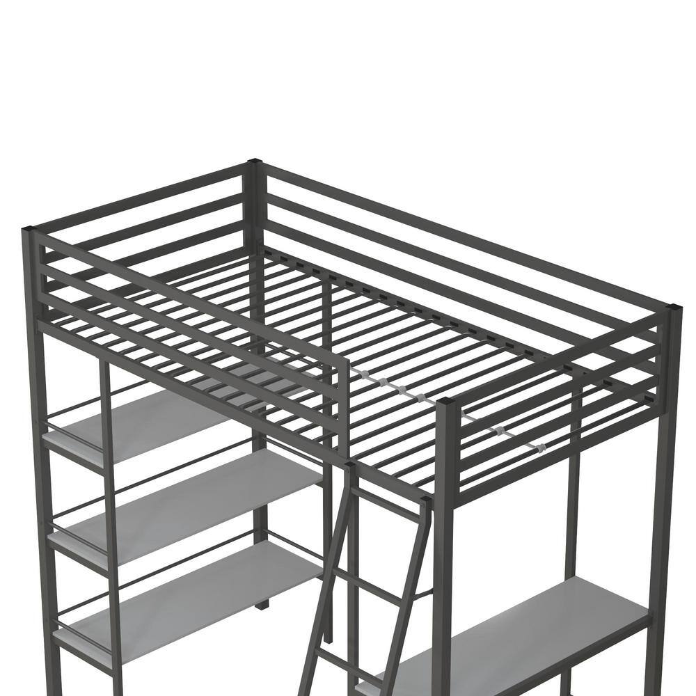Little Seeds Nova Gunmetal Gray Metal Twin Loft Bed with Shelves