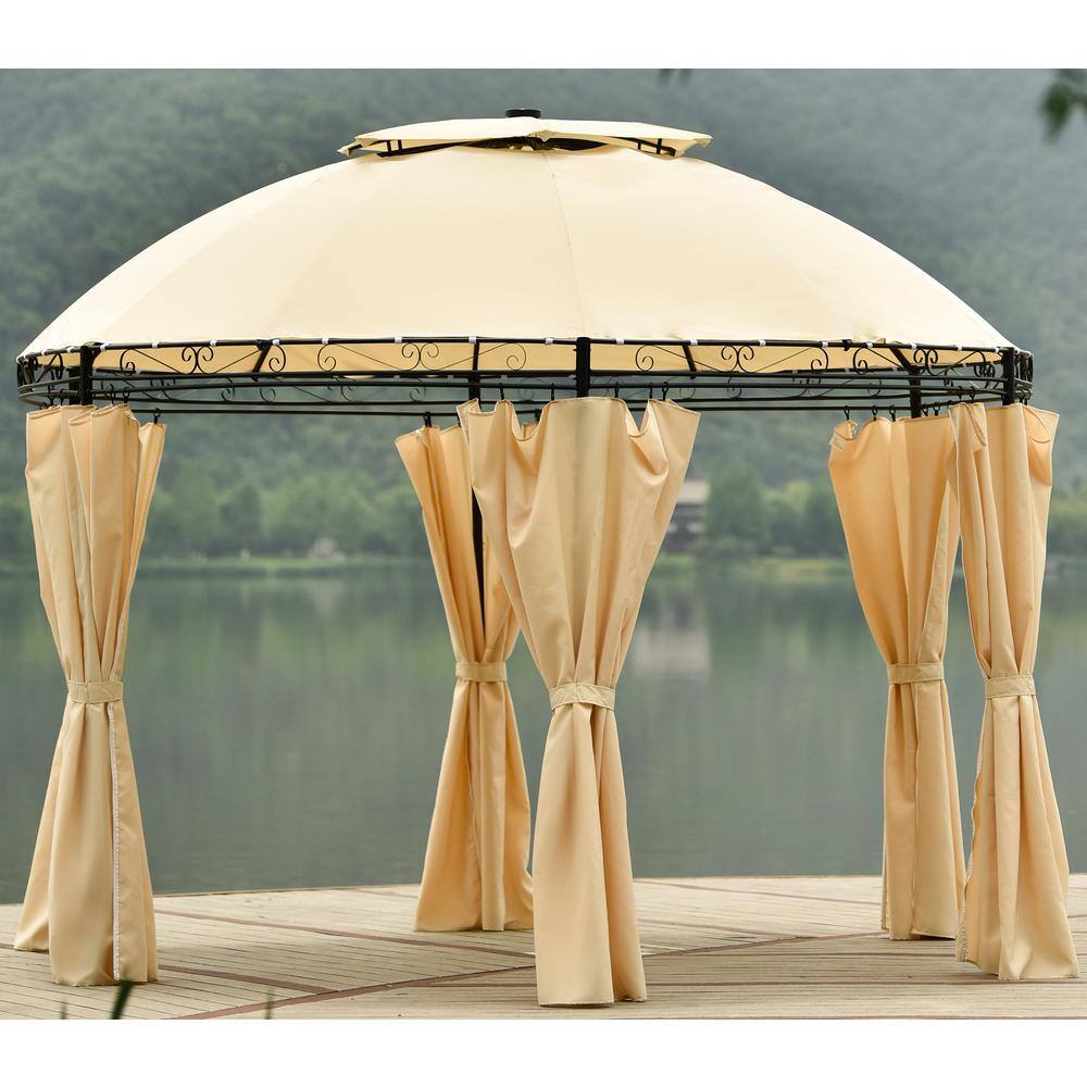 Tatayosi 10 ft. L x 11 ft. L Beige Barbecue Grill Gazebo Canopy Shelter Tent with LED lights, Removable Curtains