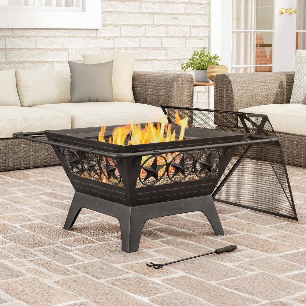 Pure Garden 32 in. W x 27 in. H Square Steel Wood Burning Outdoor Deep Fire Pit in Black with Star Design