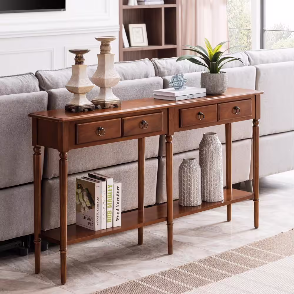 Leick Home Rich Pecan Brown Pecan Coastal Double Hall Console/Sofa Table with Display Shelf