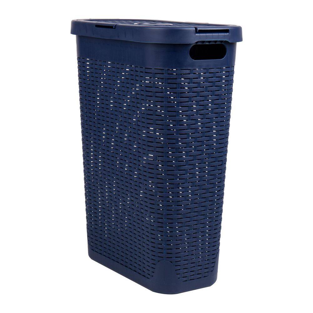 Mind Reader Basket Collection, Slim Laundry Hamper, 40 Liter (15kg/33lbs) Capacity, Attached Hinged Lid, Navy