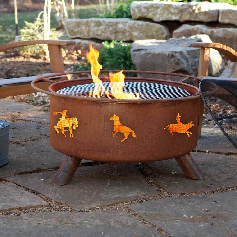 None Western 29 in. x 18 in. Round Steel Wood Burning Fire Pit in Rust with Grill Poker Spark Screen and Cover