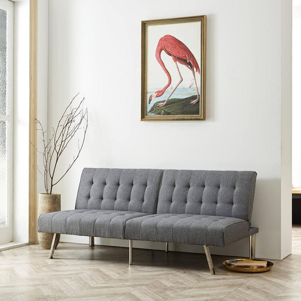 HOMESTOCK Gray, Linen Tufted Split Back Futon Sofa Bed, Linen Couch Bed, Futon Convertible Sofa Bed with Metal Legs