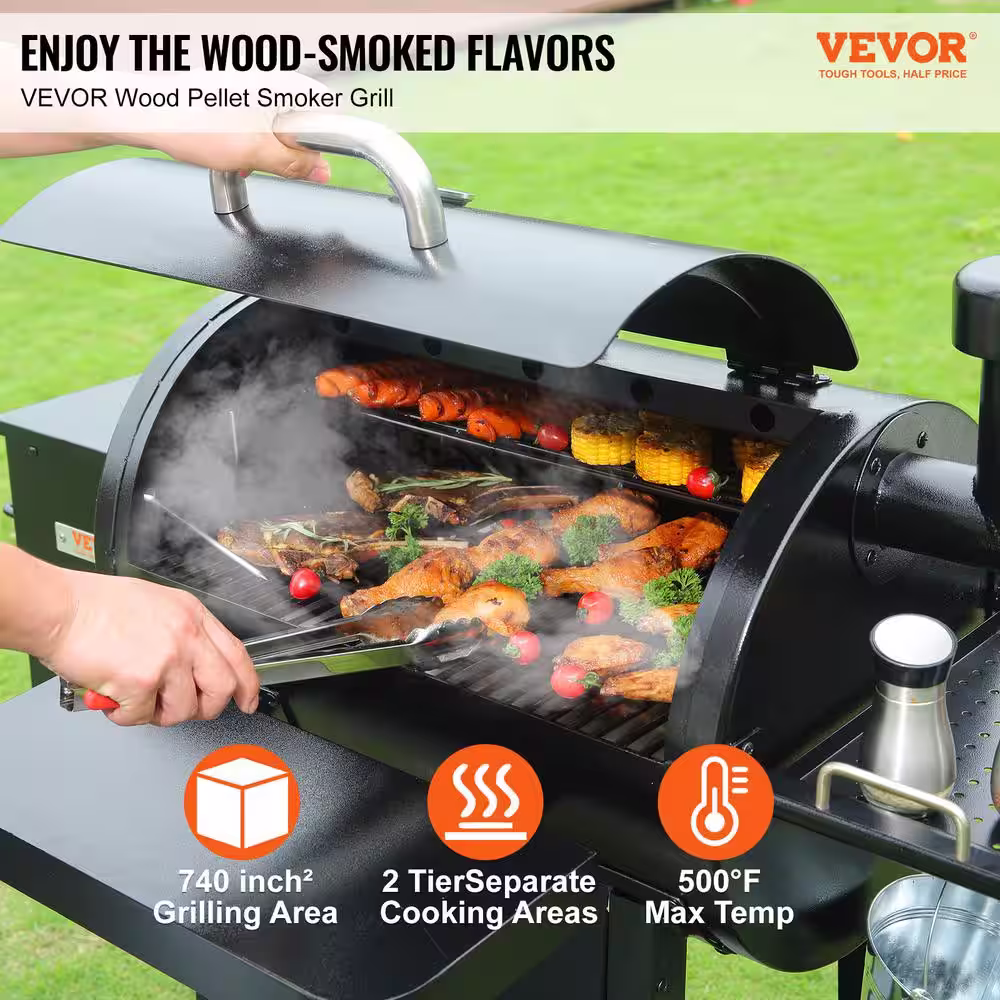 VEVOR Pellet Smoker 740 sq. in. Portable Wood Pellet Grill with Cart 8-In-1 BBQ Grill, Black