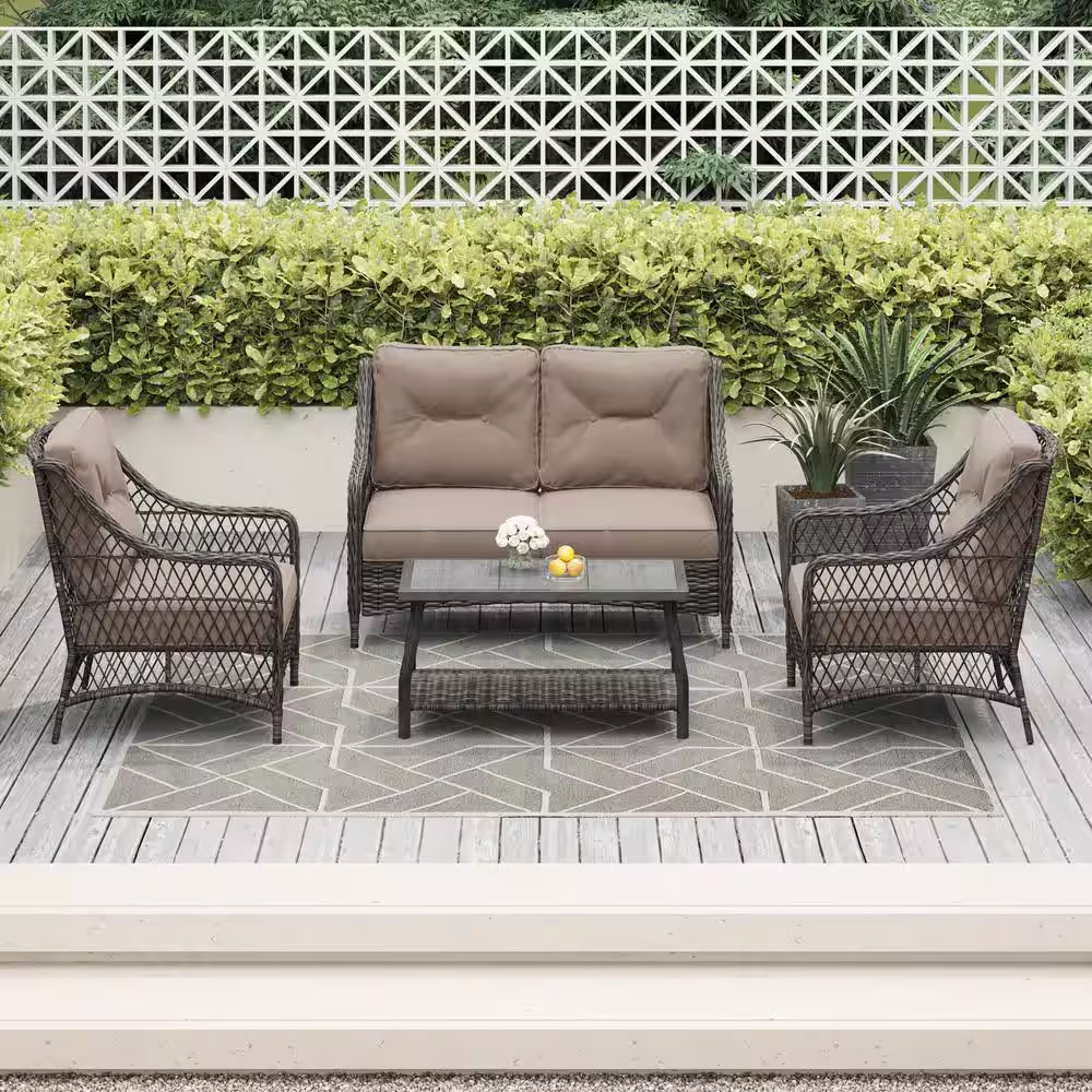 None Vasconia Brown 4-Piece Wicker Outdoor Patio Conversation Set with Brown Cushions