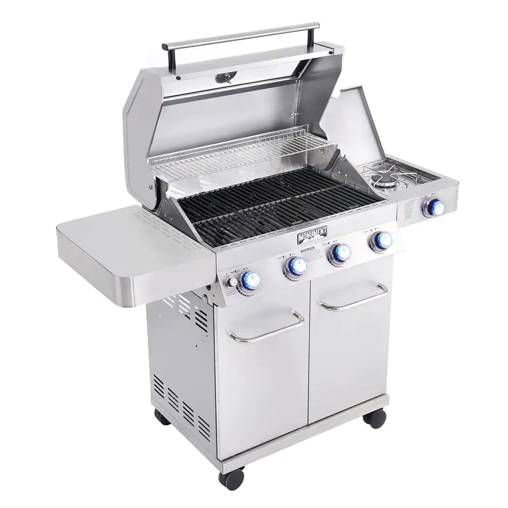 Monument Grills 4-Burner Propane Gas Grill in Stainless with Clear View Lid, LED Controls and Side Burner