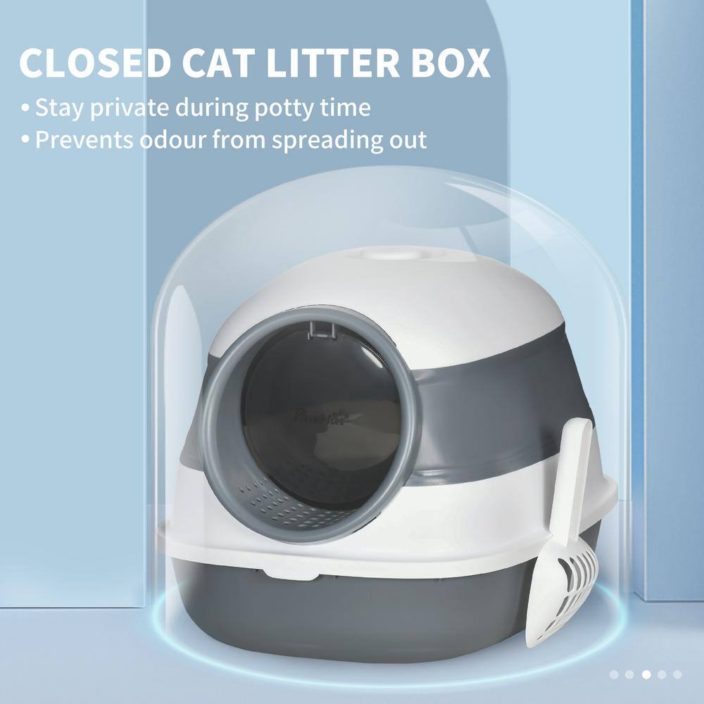 PawHut Cat Litter Box with Lid, Covered Litter Box with High Sides, , White and Gray
