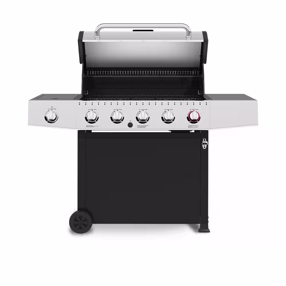 GrillPro 5-Burner Propane Gas Grill Cart in Stainless Steel and Black with Side Burner