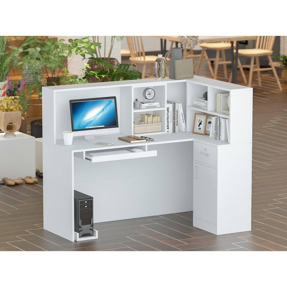 FUFU&GAGA 55.9 in. L Shaped White Wood Executive Desk Reception Desk Computer Writing Desk W/Removable Shelves, Drawer, Cabinet