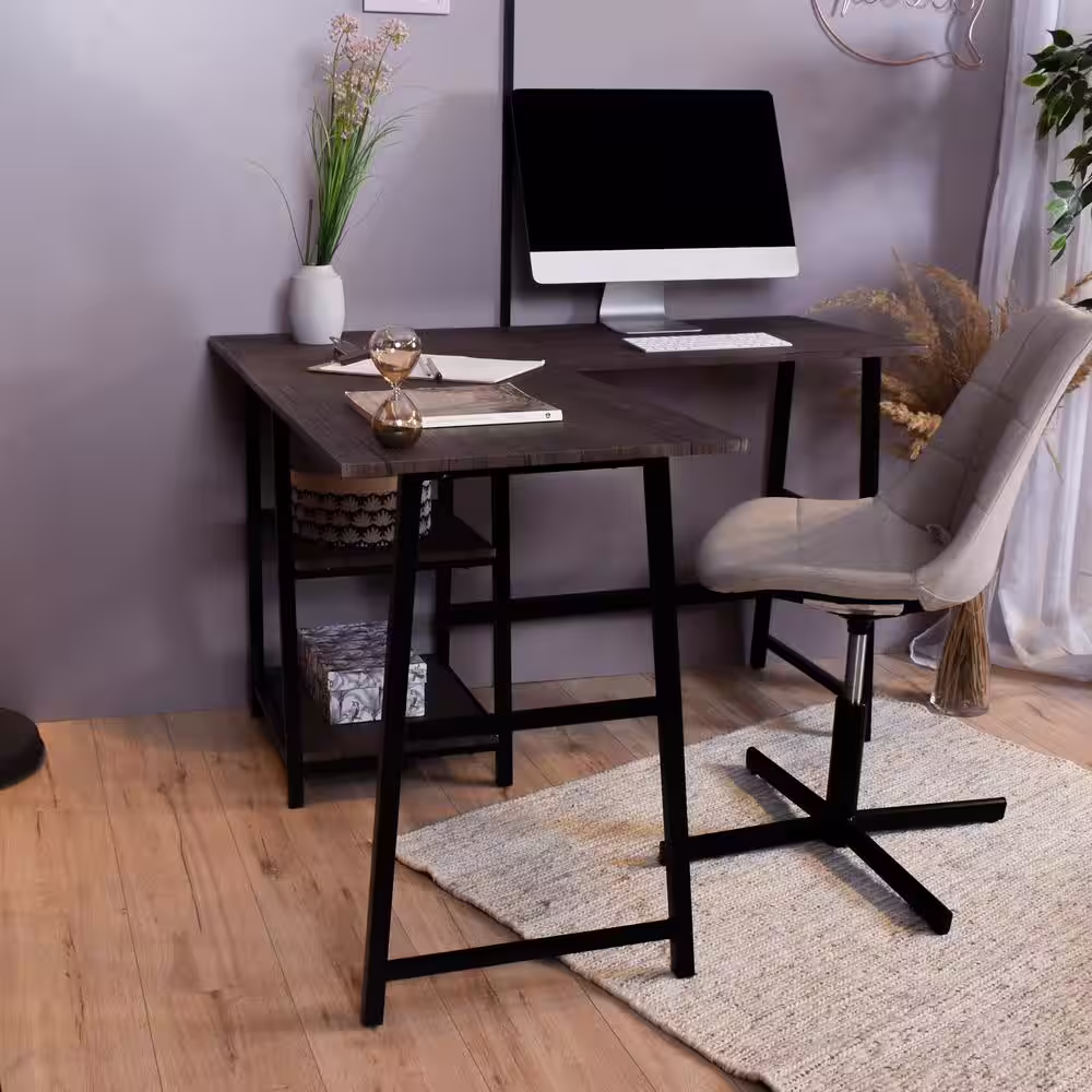 Homy Casa 47 in. L-Shaped Walnut Computer Desk with Shelves