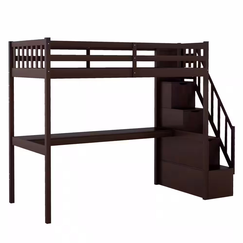 Harper & Bright Designs Espresso Twin Size Wooden Loft Bed with Built in Desk and Staircase