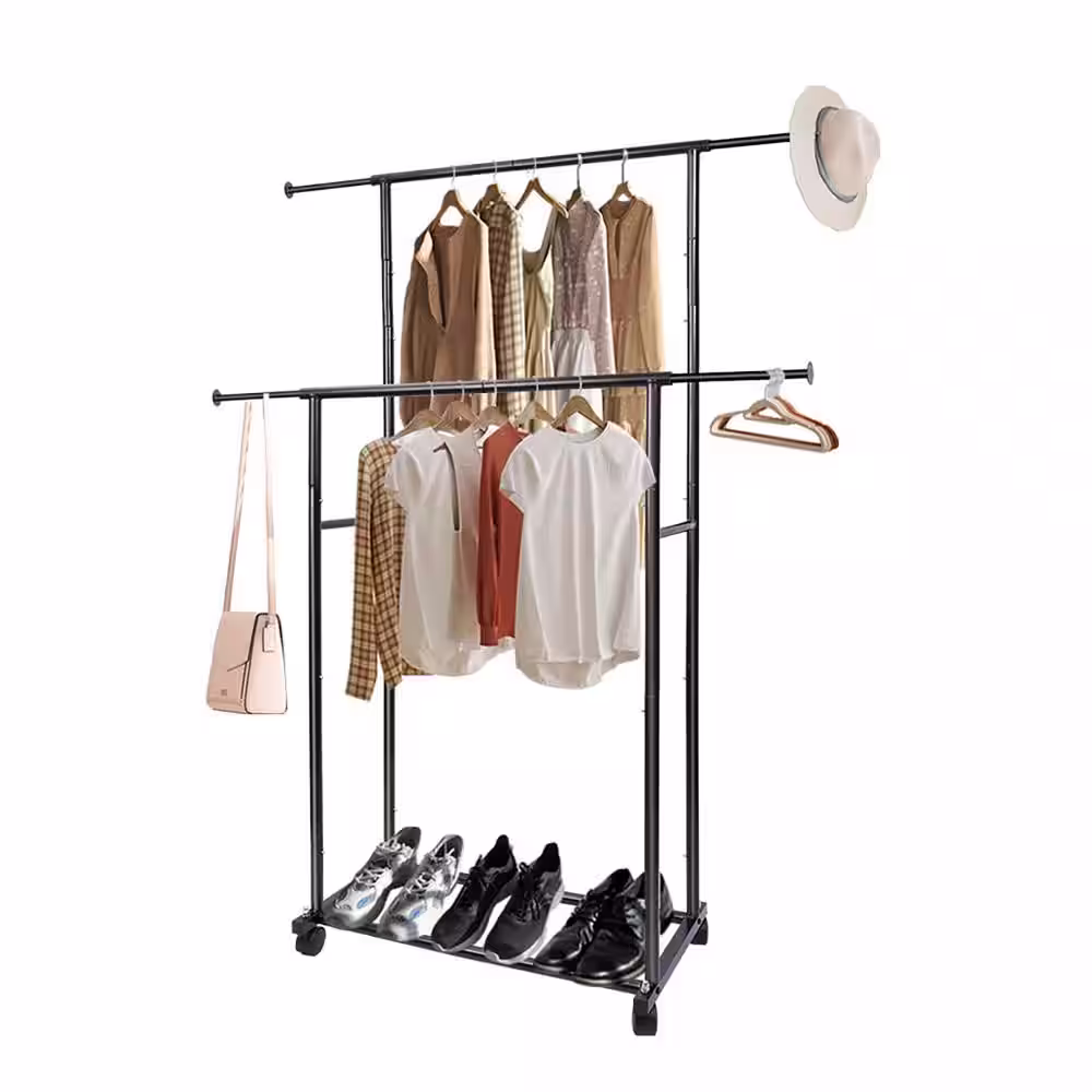 None Black Metal Garment Clothes Rack Double Rod 48 in. W x 65 in. H