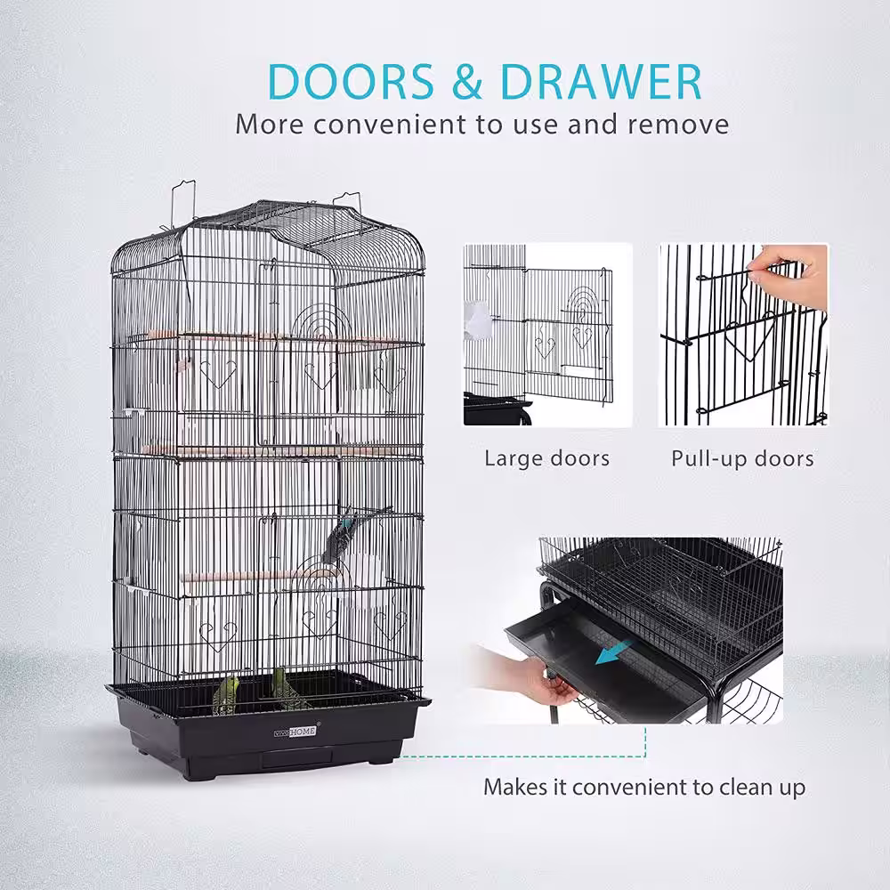 VIVOHOME 59.8 in. Wrought Iron Bird Cage with Play Top and Rolling Stand