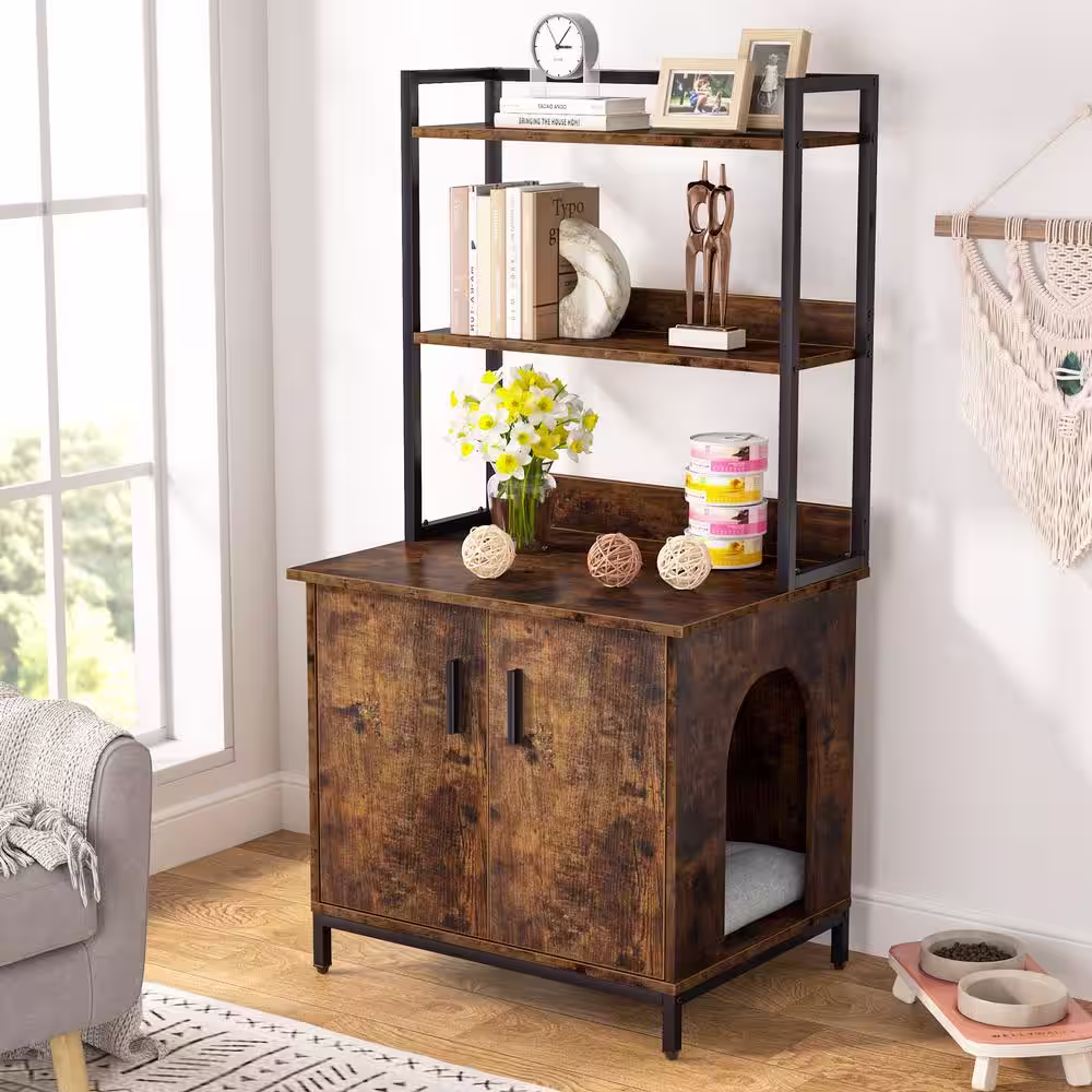 None Kellum Rustic Brown Litter Box Enclosure, Industrial Cat Cabinet with Shelves and Doors, Wood Pet Crate Hidden Washroom