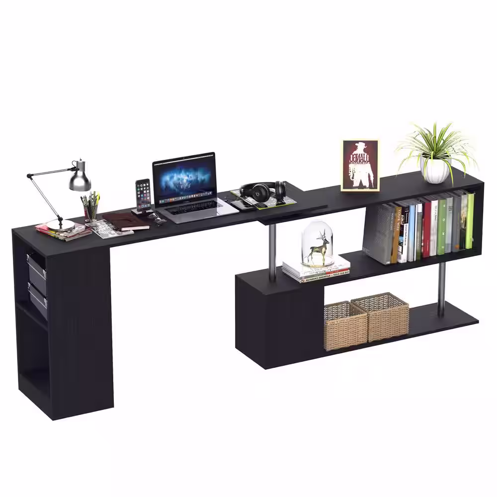 None 55 in. L-Shaped Black Writing Computer Desk with Display Shelves