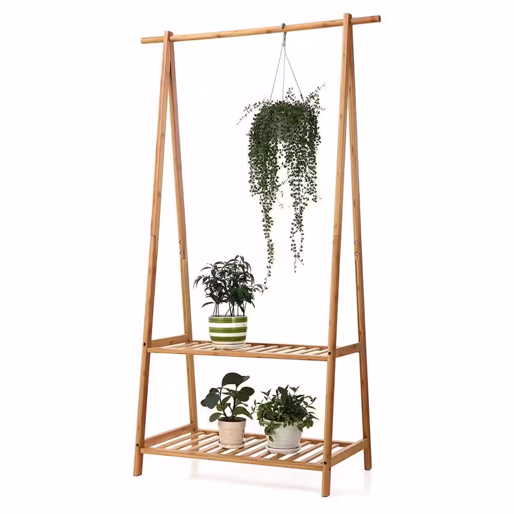 None Natural Bamboo Garment Clothes Rack with Shelves 35.4 in. W x 60.2 in. H