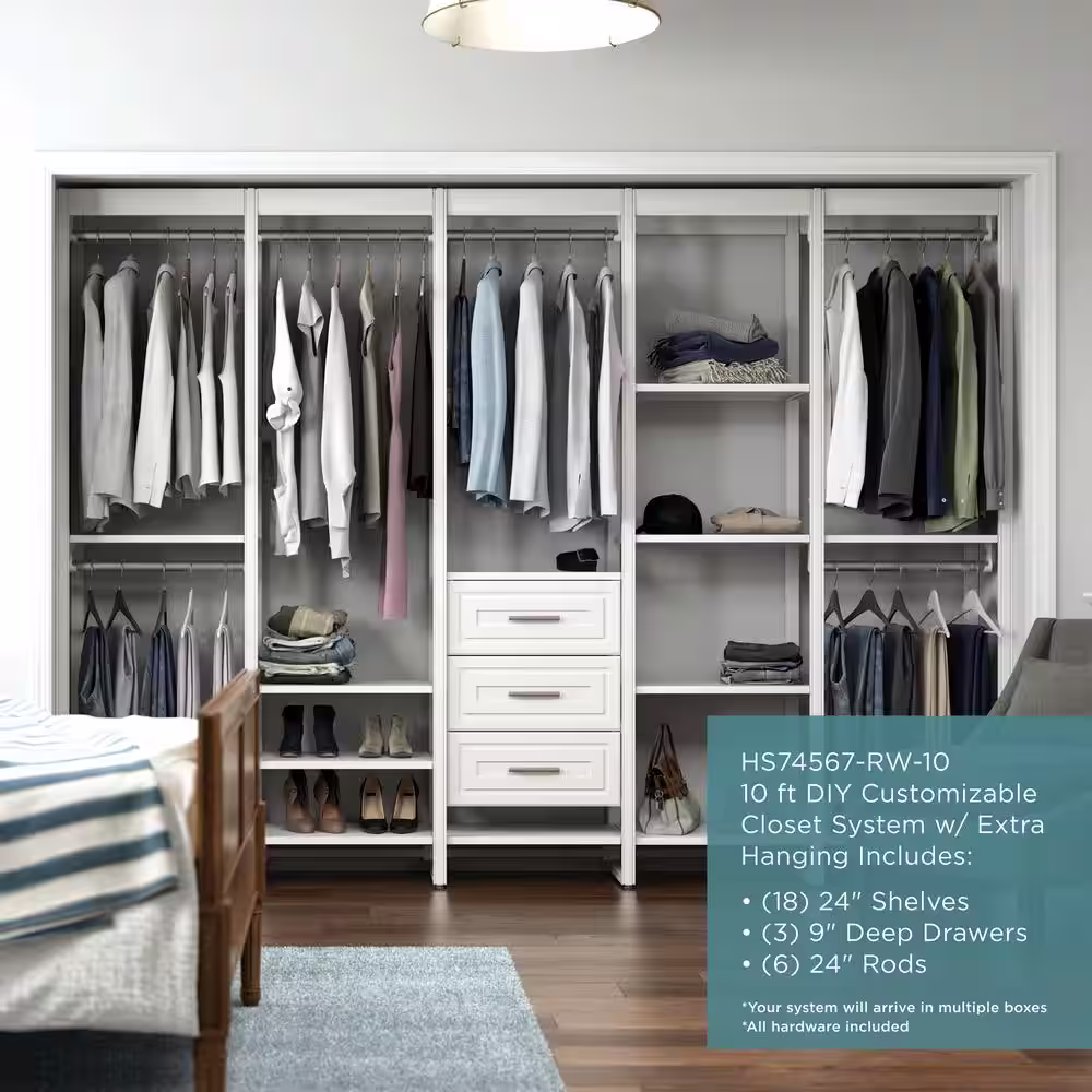 CLOSETS By LIBERTY 113 in. W White Adjustable Tower Wood Closet System with 3 Drawers and 18 Shelves