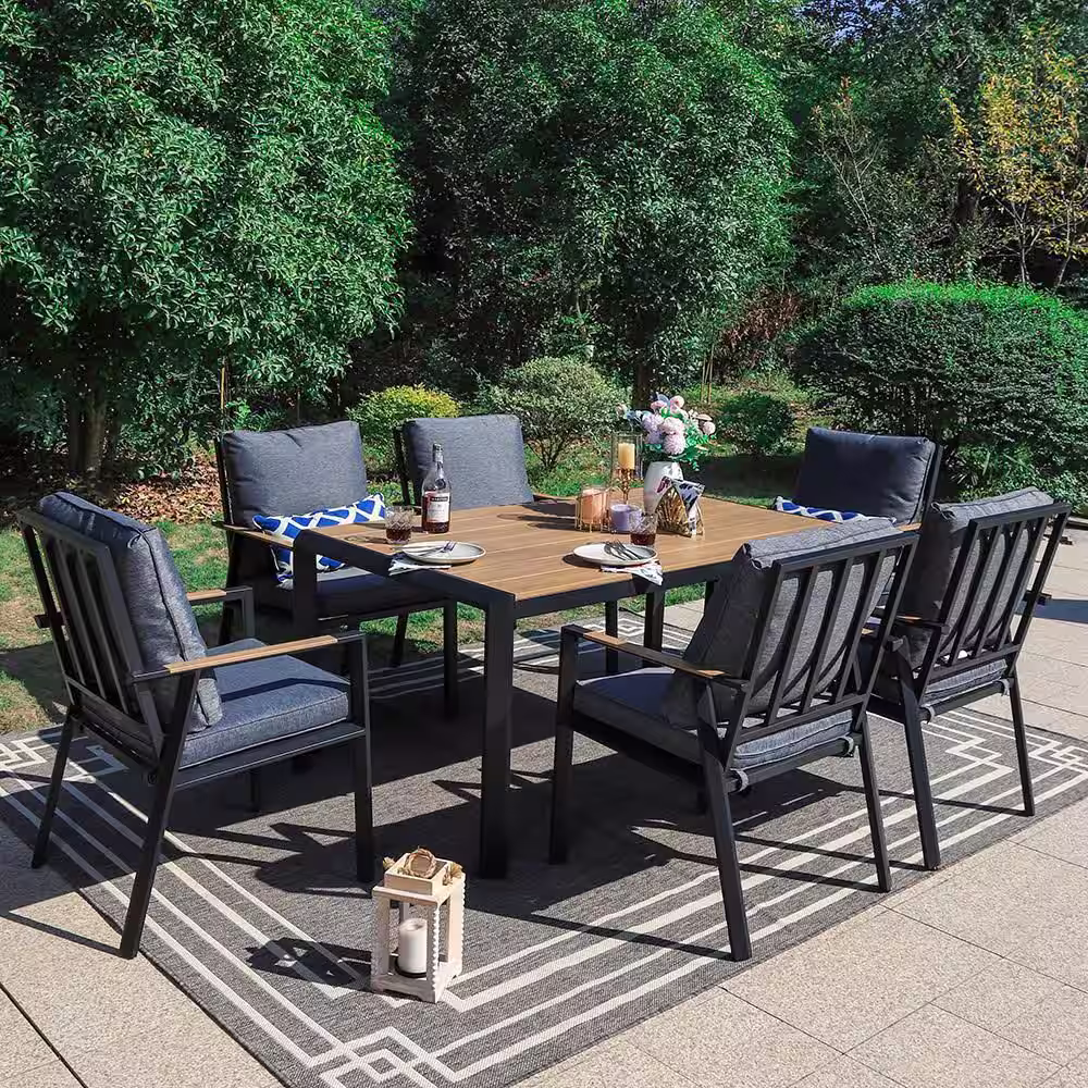 None 7-Piece Aluminum Outdoor Dining Set with Dark Gray Cushions